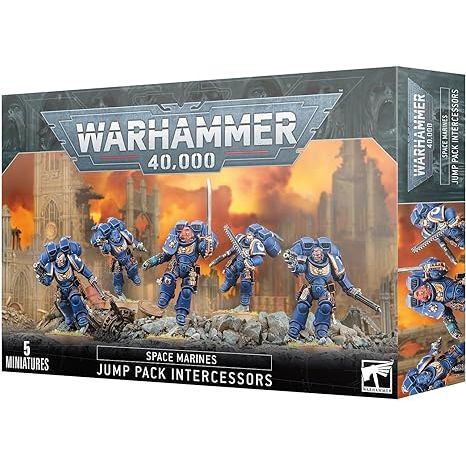 This multipart plastic kit builds five Jump Pack Intercessors