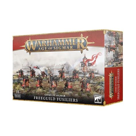 This multipart plastic kit builds 10 Freeguild Fusiliers and a Blackpowder Squire. This kit comprises 115 plastic components, and is supplied with 10x Citadel 28.5mm Round Bases and 1x Citadel 25mm Round Base. Also included is a Cities of Sigmar Transfer Sheet, featuring 410 Free City icons, Sigmarite cult sigils, and other forms of heraldry.
These miniatures are supplied unpainted and require assembly – we recommend using Citadel Plastic Glue and Citadel Colour paints.