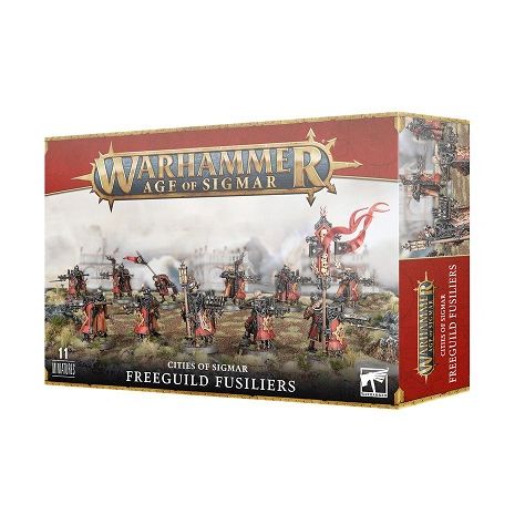 This multipart plastic kit builds 10 Freeguild Fusiliers and a Blackpowder Squire. This kit comprises 115 plastic components, and is supplied with 10x Citadel 28.5mm Round Bases and 1x Citadel 25mm Round Base. Also included is a Cities of Sigmar Transfer Sheet, featuring 410 Free City icons, Sigmarite cult sigils, and other forms of heraldry.
These miniatures are supplied unpainted and require assembly – we recommend using Citadel Plastic Glue and Citadel Colour paints.