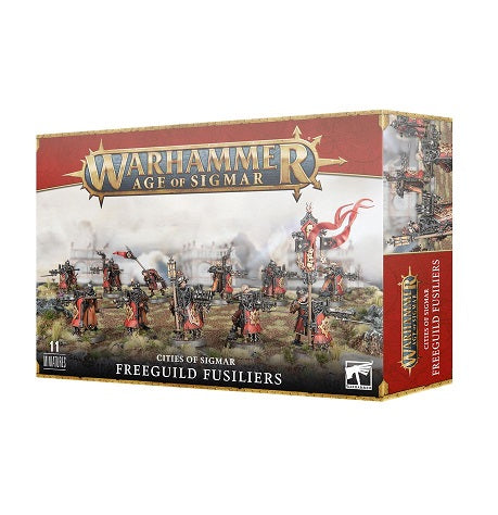 This multipart plastic kit builds 10 Freeguild Fusiliers and a Blackpowder Squire. This kit comprises 115 plastic components, and is supplied with 10x Citadel 28.5mm Round Bases and 1x Citadel 25mm Round Base. Also included is a Cities of Sigmar Transfer Sheet, featuring 410 Free City icons, Sigmarite cult sigils, and other forms of heraldry.
These miniatures are supplied unpainted and require assembly – we recommend using Citadel Plastic Glue and Citadel Colour paints.