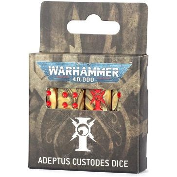 Glorify the Emperor every time you roll this set of 16 themed dice Cast in pearlescent gold plastic with rich crimson ink The '6' face features the icon of the Adeptus Custodes