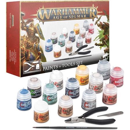 You’ll find 13 different Citadel Colour paints in 12ml pots, featuring the essential colours needed to paint your first models – they're particularly suited to Stormcast Eternals and Skaven miniatures. The set includes heavily-pigmented Base paints to form a strong foundation for your paint schemes, a Shade paint to add depth, and a Technical paint to add texture to your bases.
- Corax White (Base)
- Abaddon Black (Base)
- Averland Sunset (Base)
- Leadbelcher (Base)
- Kantor Blue (Base)
- Khorne Red (Base)