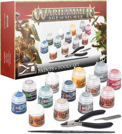 You’ll find 13 different Citadel Colour paints in 12ml pots, featuring the essential colours needed to paint your first models – they're particularly suited to Stormcast Eternals and Skaven miniatures. The set includes heavily-pigmented Base paints to form a strong foundation for your paint schemes, a Shade paint to add depth, and a Technical paint to add texture to your bases.
- Corax White (Base)
- Abaddon Black (Base)
- Averland Sunset (Base)
- Leadbelcher (Base)
- Kantor Blue (Base)
- Khorne Red (Base)