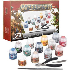 You’ll find 13 different Citadel Colour paints in 12ml pots, featuring the essential colours needed to paint your first models – they're particularly suited to Stormcast Eternals and Skaven miniatures. The set includes heavily-pigmented Base paints to form a strong foundation for your paint schemes, a Shade paint to add depth, and a Technical paint to add texture to your bases.
- Corax White (Base)
- Abaddon Black (Base)
- Averland Sunset (Base)
- Leadbelcher (Base)
- Kantor Blue (Base)
- Khorne Red (Base)