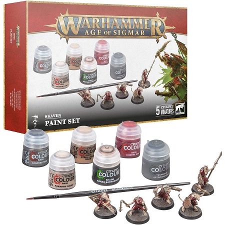This set includes:
5x plastic, push-fit Skaven Clanrat miniatures and 5x Citadel 25mm Round Hex Hole Bases
1x Citadel Colour Starter Brush
6x Citadel Colour Paints:
– Khorne Red (Base)
– Steel Legion Drab (Base)
– Rakarth Flesh (Base)
– Leadbelcher (Base)
– Agrax Earthshade (Shade)
– Astrogranite (Technical)