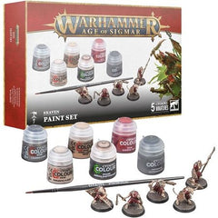This set includes:
5x plastic, push-fit Skaven Clanrat miniatures and 5x Citadel 25mm Round Hex Hole Bases
1x Citadel Colour Starter Brush
6x Citadel Colour Paints:
– Khorne Red (Base)
– Steel Legion Drab (Base)
– Rakarth Flesh (Base)
– Leadbelcher (Base)
– Agrax Earthshade (Shade)
– Astrogranite (Technical)