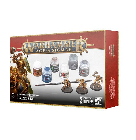 This set includes:
3x plastic, push-fit Stormcast Eternals Liberator miniatures and 3x Citadel 40mm Round Hex Hole Bases
1x Citadel Colour Starter Brush
6x Citadel Colour Paints:
– Retributor Armour (Base)
– Kantor Blue (Base)
– Corax White (Base)
– Leadbelcher (Base)
– Agrax Earthshade (Shade)
– Astrogranite (Technical)