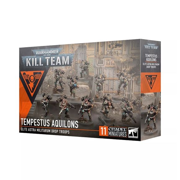 This multipart plastic kit builds 10 Tempestus Aquilons and 1 servo-sentry.
This kit contains 181 plastic components, 10x Citadel 28.5mm Round Bases, and 1x Citadel 40mm Round Base and 28 double-sided Tempestus Aquilons tokens.
These miniatures are supplied unpainted and require assembly – we recommend using Citadel Plastic Glue and Citadel Colour paints.
