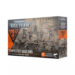 This multipart plastic kit builds 10 Tempestus Aquilons and 1 servo-sentry.
This kit contains 181 plastic components, 10x Citadel 28.5mm Round Bases, and 1x Citadel 40mm Round Base and 28 double-sided Tempestus Aquilons tokens.
These miniatures are supplied unpainted and require assembly – we recommend using Citadel Plastic Glue and Citadel Colour paints.