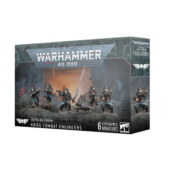 This multipart plastic kit builds five Krieg Combat Engineers. This kit comprises 109 plastic components, 5x Citadel 25mm Round Bases, and 1x Citadel 40mm Round Base. This set also includes 1x Death Korps of Krieg Transfer Sheet containing 803 waterslide transfers to customise your models.
These miniatures are supplied unpainted and require assembly – we recommend using Citadel Plastic Glue and Citadel Colour paints.
This kit releases on 2/22.
