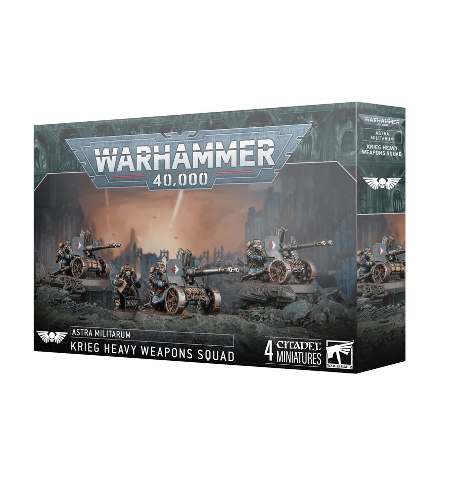 This multipart plastic kit builds a Krieg Heavy Weapons Squad – three Heavy Weapons Gunners and one Fire Coordinator. This kit comprises 111 plastic components, 3x Citadel 50mm Round Bases, and 1x Citadel 25mm Round Base. This set also includes 1x Death Korps of Krieg Transfer Sheet containing 803 waterslide transfers to customise your squad.
These miniatures are supplied unpainted and require assembly – we recommend using Citadel Plastic Glue and Citadel Colour paints.
This kit releases on 2/22