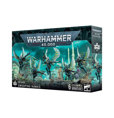 This multipart plastic kit builds five Swooping Hawks miniatures. This kit comprises 81 plastic components, 5x Citadel 32mm Round Bases, and 1x Citadel 25mm Round Base. This set also includes 1x Aeldari Transfer Sheet containing 378 waterslide transfers to customise your miniatures.
The miniatures are supplied unassembled and unpainted – we recommend Citadel Plastic Glue and Citadel Colour paints.