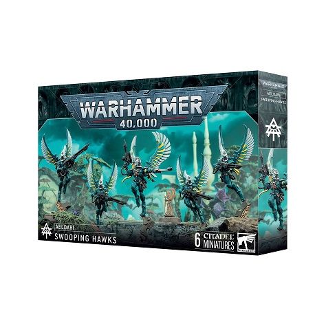 This multipart plastic kit builds five Swooping Hawks miniatures. This kit comprises 81 plastic components, 5x Citadel 32mm Round Bases, and 1x Citadel 25mm Round Base. This set also includes 1x Aeldari Transfer Sheet containing 378 waterslide transfers to customise your miniatures.
The miniatures are supplied unassembled and unpainted – we recommend Citadel Plastic Glue and Citadel Colour paints.