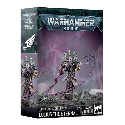 This product has a release date of 05/26/2025.
This multipart plastic kit builds Lucius the Eternal. This kit comprises 21 plastic components, and 1x Citadel 50mm Round Base. This miniature requires assembly and is supplied unpainted – we recommend using Citadel Plastic Glue and Citadel Colour paints.