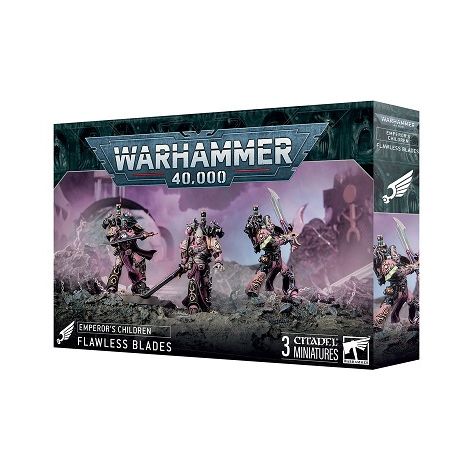This product has a release date of 05/26/2025.
This multipart plastic kit builds three Flawless Blades. This kit comprises 52 plastic components, 3x Citadel 40mm Round Bases, and 1x Emperor's Children Transfer Sheet containing 150 high-quality waterslide transfers to decorate your miniatures.
These miniatures require assembly and are supplied unpainted – we recommend using Citadel Plastic Glue and Citadel Colour paints.