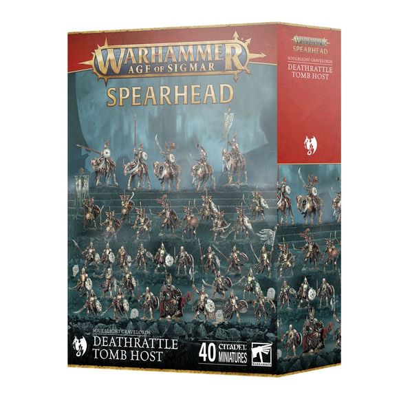 This boxed set builds 40 multipart plastic Soulblight Gravelords miniatures:
– 1x Wight King
– 5x Barrow Knights
– 10x Barrow Guard
– 20x Deathrattle Skeletons with 4x Tombstones
The kit comprises 287 plastic components, 5x Citadel 60mm by 35mm Oval Bases, 1x Citadel 32mm Round Base, 10x Citadel 28.5mm Round Bases, and 24x Citadel 25mm Round Bases. These miniatures require assembly and are supplied unpainted – we recommend using Citadel Plastic Glue and Citadel Colour paints.