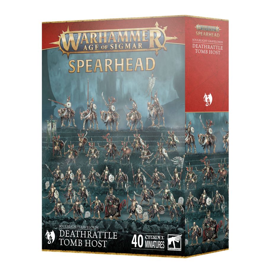 This boxed set builds 40 multipart plastic Soulblight Gravelords miniatures:
– 1x Wight King
– 5x Barrow Knights
– 10x Barrow Guard
– 20x Deathrattle Skeletons with 4x Tombstones
The kit comprises 287 plastic components, 5x Citadel 60mm by 35mm Oval Bases, 1x Citadel 32mm Round Base, 10x Citadel 28.5mm Round Bases, and 24x Citadel 25mm Round Bases. These miniatures require assembly and are supplied unpainted – we recommend using Citadel Plastic Glue and Citadel Colour paints.