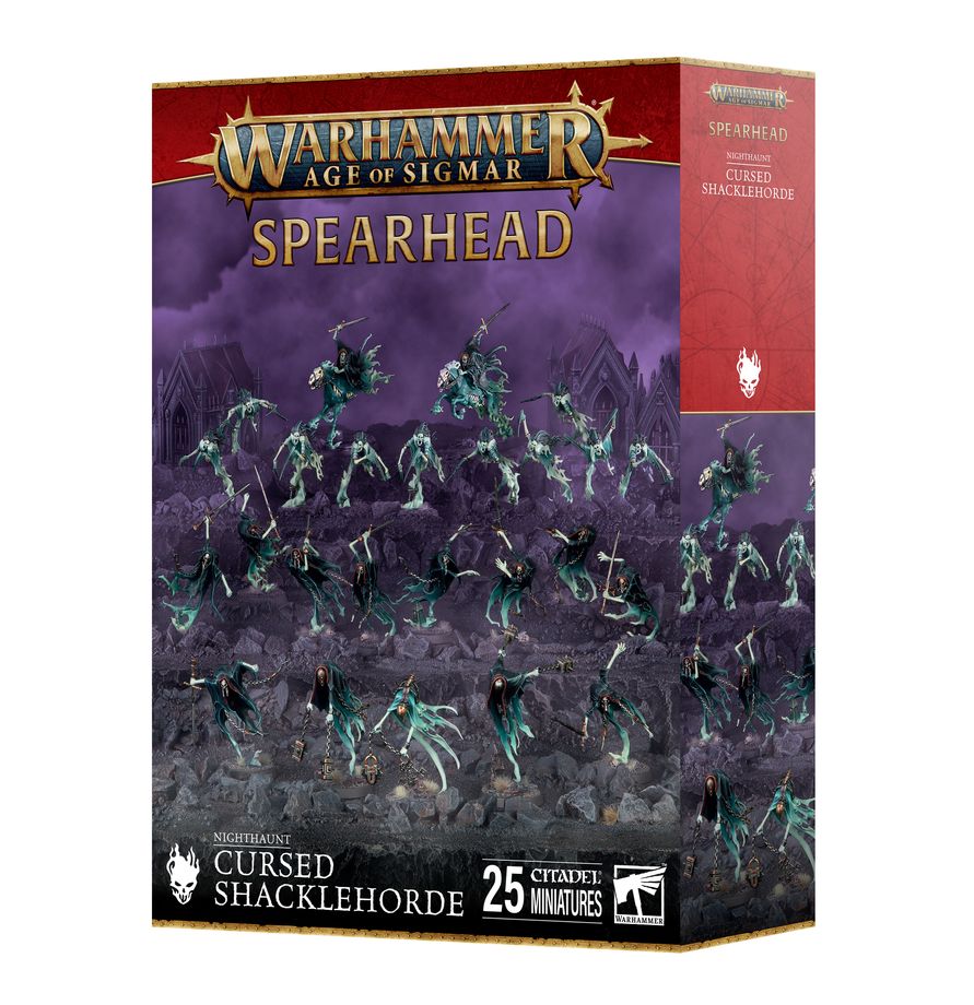 This boxed set builds 25 multipart plastic Nighthaunt miniatures:
– 1x Spirit Torment
– 2x Chainghasts
– 2x Dreadblade Harrows
– 10x Dreadscythe Harridans
– 10x Bladegheist Revenants
The kit comprises 127 plastic components including 2x scenic 60mm Oval Bases, 22x Citadel 32mm Round Bases, and 1x Citadel 40mm Round Base.
These miniatures require assembly and are supplied unpainted – we recommend using Citadel Plastic Glue and Citadel Colour paints.