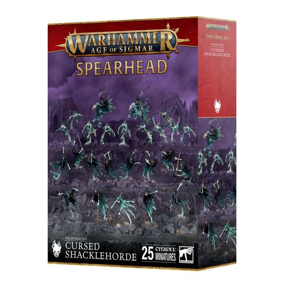 This boxed set builds 25 multipart plastic Nighthaunt miniatures:
– 1x Spirit Torment
– 2x Chainghasts
– 2x Dreadblade Harrows
– 10x Dreadscythe Harridans
– 10x Bladegheist Revenants
The kit comprises 127 plastic components including 2x scenic 60mm Oval Bases, 22x Citadel 32mm Round Bases, and 1x Citadel 40mm Round Base.
These miniatures require assembly and are supplied unpainted – we recommend using Citadel Plastic Glue and Citadel Colour paints.