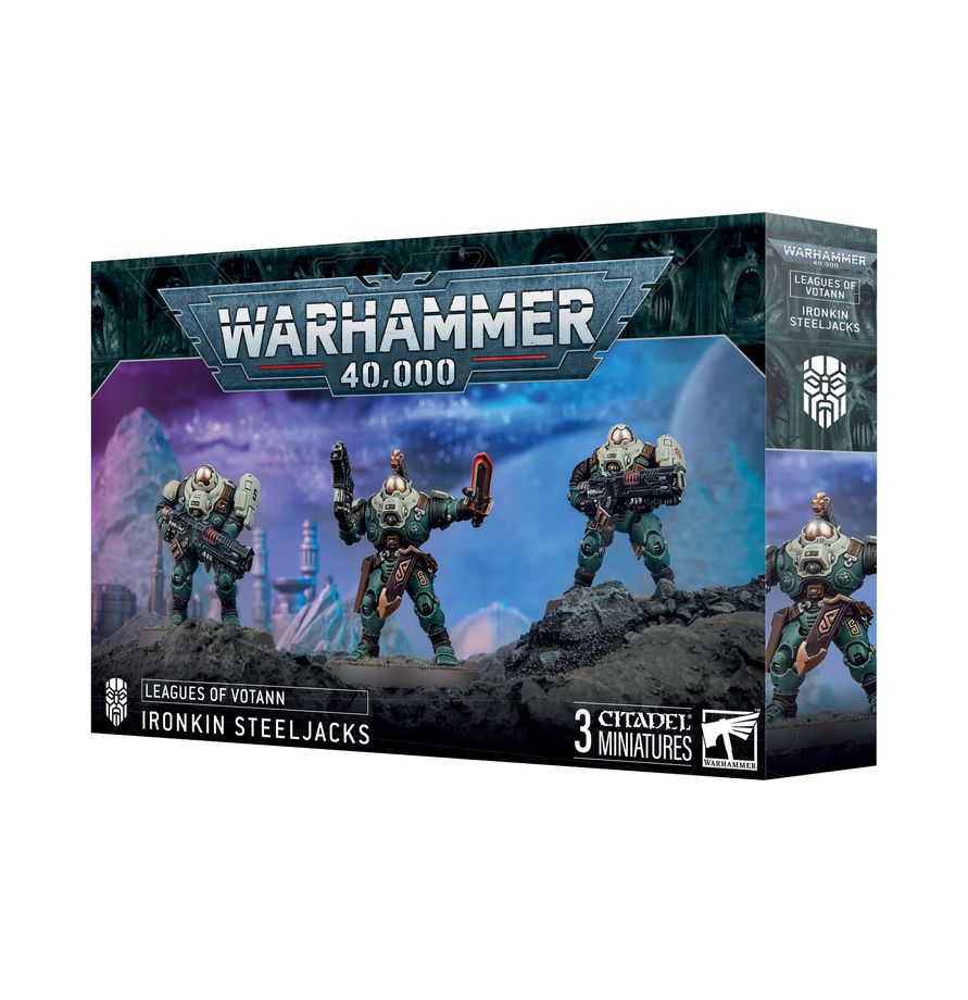 This multipart plastic kit builds three Ironkin Steeljacks. This kit comprises 82 plastic components, 3x Citadel 40mm Round Bases, and 1x Leagues of Votann Transfer Sheet containing 555 high-quality waterslide transfers to decorate your miniatures.