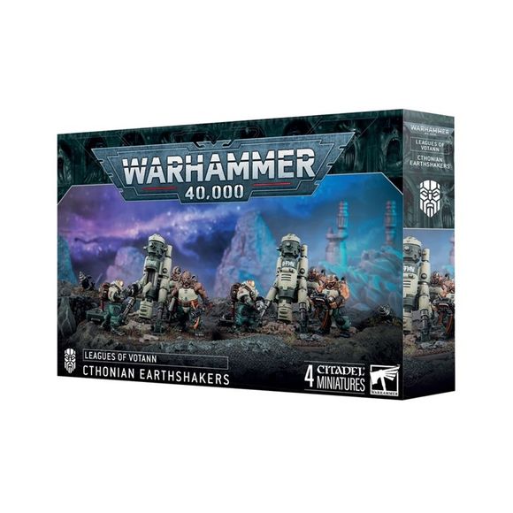 This multipart plastic kit builds two Cthonian Earthshaker siege weapons, and their crew, for your Leagues of Votann armies in games of Warhammer 40,000. This kit comprises 87 plastic components, 2x Citadel 80mm Round Bases, 2x Citadel 25mm Round Bases, and 1x Leagues of Votann Transfer Sheet containing 555 high-quality waterslide transfers to decorate your miniatures.
These miniatures require assembly and are supplied unpainted – we recommend using Citadel Plastic Glue and Citadel Colour paints.