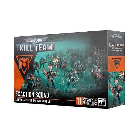 This multipart plastic kit builds 10 Adeptus Arbites and 1 R-VR Cyber-mastiff.
This kit contains 203 plastic components, and comes with 10x Citadel 28.5mm Round Bases and 2x Citadel 25mm Round Bases. Contains 39 double-sided Exaction Squad tokens. This set also includes 1x Adeptus Arbites Transfer Sheet containing 297x high-quality waterslide transfers for you to use to decorate your models.
These miniatures are supplied unpainted and require assembly – we recommend using Citadel Plastic Glue and Citadel
