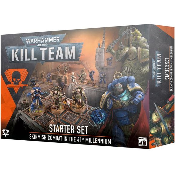 Inside the box, you will find:
– 14x Citadel Miniatures
– 7x Angels of Death Kill Team operatives, cast in blue plastic
– 7x Plague Marine Kill Team operatives, cast in green plastic
– 1x 64-page Kill Team Starter Handbook
– 1x Kill Team token sheet containing 92x tokens
– 2x reference sheets
– 10x D6 dice
– 1x double-sided game board
– 3x sheets of slot-together MDF terrain
The miniatures in this set are each supplied with a sculpted base. These push-fit miniatures are designed to be pushed off their fra