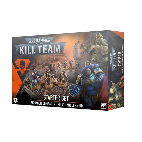 Inside the box, you will find:
– 14x Citadel Miniatures
– 7x Angels of Death Kill Team operatives, cast in blue plastic
– 7x Plague Marine Kill Team operatives, cast in green plastic
– 1x 64-page Kill Team Starter Handbook
– 1x Kill Team token sheet containing 92x tokens
– 2x reference sheets
– 10x D6 dice
– 1x double-sided game board
– 3x sheets of slot-together MDF terrain
The miniatures in this set are each supplied with a sculpted base. These push-fit miniatures are designed to be pushed off their fra