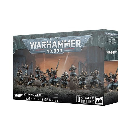 This multipart plastic kit builds 10 Death Korps of Krieg units. This kit comprises 130 plastic components, and 10x Citadel 25mm Round Bases. This set also includes 1x Death Korps of Krieg Transfer Sheet containing 803 waterslide transfers to customise your models.
These miniatures are unpainted and require assembly – we recommend using Citadel Plastic Glue and Citadel Colour paints.
This kit has a release date of 2/22