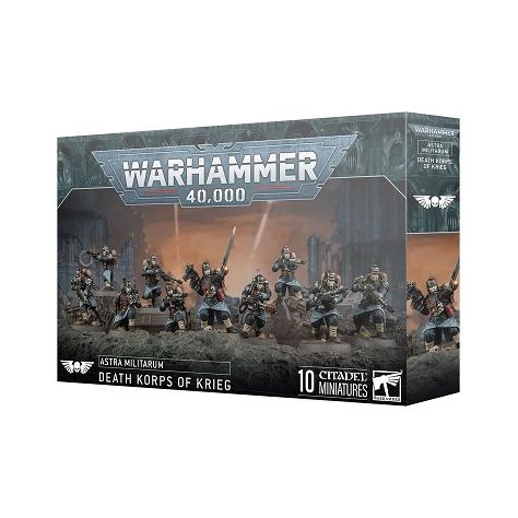 This multipart plastic kit builds 10 Death Korps of Krieg units. This kit comprises 130 plastic components, and 10x Citadel 25mm Round Bases. This set also includes 1x Death Korps of Krieg Transfer Sheet containing 803 waterslide transfers to customise your models.
These miniatures are unpainted and require assembly – we recommend using Citadel Plastic Glue and Citadel Colour paints.
This kit has a release date of 2/22