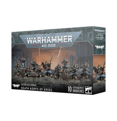 This multipart plastic kit builds 10 Death Korps of Krieg units. This kit comprises 130 plastic components, and 10x Citadel 25mm Round Bases. This set also includes 1x Death Korps of Krieg Transfer Sheet containing 803 waterslide transfers to customise your models.
These miniatures are unpainted and require assembly – we recommend using Citadel Plastic Glue and Citadel Colour paints.
This kit has a release date of 2/22