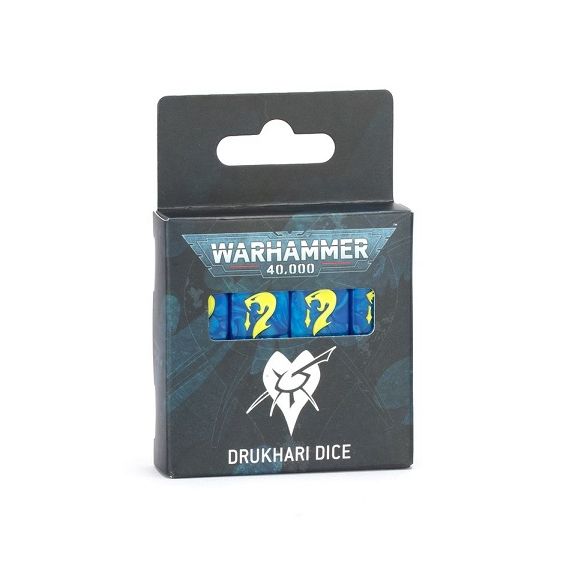 Release Date: 10/11/2025
Contents:
– 16x square-cornered D6 dice, each measuring 16x16x16mm. Each die is in the color of the Drukhari faction, and has the faction symbol.