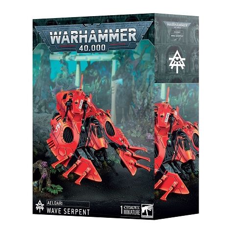 This boxed set contains 1 multi-part plastic Aeldari Wave Serpent. This kit comprises 57 plastic components, 2x clear plastic components, 1x 60mm Flying Base, and 2x flying stems. This set also includes 1x Aeldari Transfer Sheet containing 378 waterslide transfers to customise your models.
This miniature is supplied unassembled and unpainted – we recommend Citadel Plastic Glue and Citadel Colour paints.