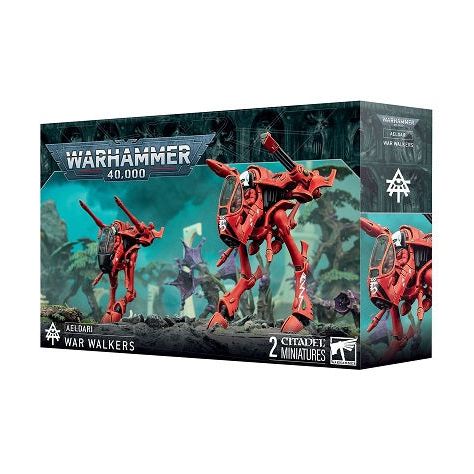 This multipart plastic kit builds two War Walkers. This kit comprises 68 plastic components, 2x clear plastic components, and 2x Aeldari 60mm Round Bases. This set also includes 1x Aeldari Transfer Sheet containing 378 waterslide transfers to customise your miniatures.
These miniatures are supplied unassembled and unpainted – we recommend Citadel Plastic Glue and Citadel Colour paints.