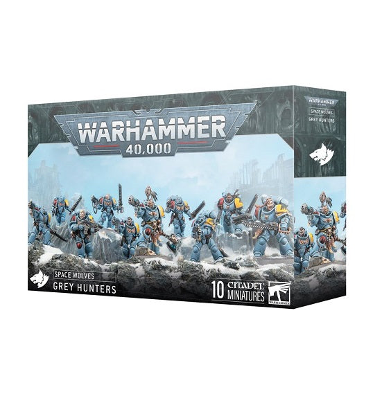 Release Date 7/12
This multipart plastic kit builds 10 Grey Hunters. This kit comprises 218 plastic components, 10x Citadel 32mm Round Bases, and 1x Space Wolves Army Set Transfer Sheet containing 419 high-quality waterslide transfers to decorate your miniatures.
These miniatures require assembly and are supplied unpainted – we recommend using Citadel Plastic Glue and Citadel Colour paints.