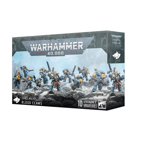 Release Date 7/12
This multipart plastic kit builds 10 Blood Claws. This kit comprises 246 plastic components, 10x Citadel 32mm Round Bases, and 1x Space Wolves Army Set Transfer Sheet containing 419 high-quality waterslide transfers to decorate your miniatures.
These miniatures require assembly and are supplied unpainted – we recommend using Citadel Plastic Glue and Citadel Colour paints.