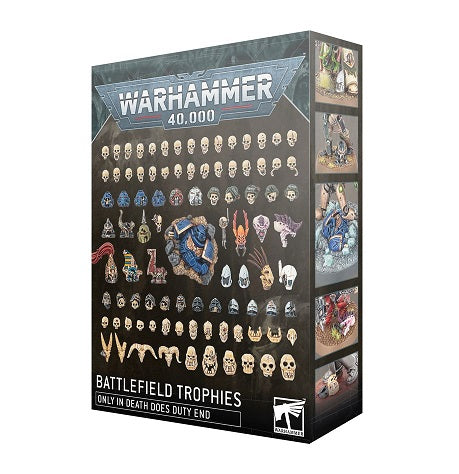 Contains 288 plastic components:
– 1x crushed Space Marine base topper
– 1x Adeptus Custodes helmeted head
– 2x Death Guard helmeted heads
– 2x Chaos Terminator helmeted heads
– 2x Vespid Stingwing heads
– 2x bird skulls
– 3x Terminator helmets
– 3x Thousand Sons helmeted heads
– 3x World Eaters helmeted heads
– 3x Ur-ghul skulls
– 4x large creature skulls
– 4x horned animal skulls
– 4x Ork jaws
– 5x Genestealer Cult mutated skulls
– 5x Ork Gretchin skulls
– 5x Adeptus Arbites helmeted heads
– 5x Kroot head