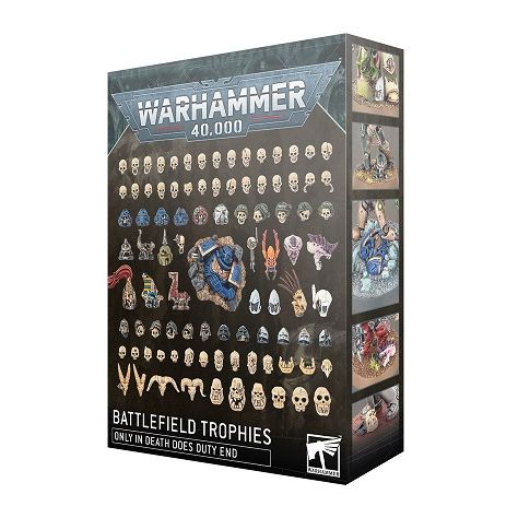 Contains 288 plastic components:
– 1x crushed Space Marine base topper
– 1x Adeptus Custodes helmeted head
– 2x Death Guard helmeted heads
– 2x Chaos Terminator helmeted heads
– 2x Vespid Stingwing heads
– 2x bird skulls
– 3x Terminator helmets
– 3x Thousand Sons helmeted heads
– 3x World Eaters helmeted heads
– 3x Ur-ghul skulls
– 4x large creature skulls
– 4x horned animal skulls
– 4x Ork jaws
– 5x Genestealer Cult mutated skulls
– 5x Ork Gretchin skulls
– 5x Adeptus Arbites helmeted heads
– 5x Kroot head