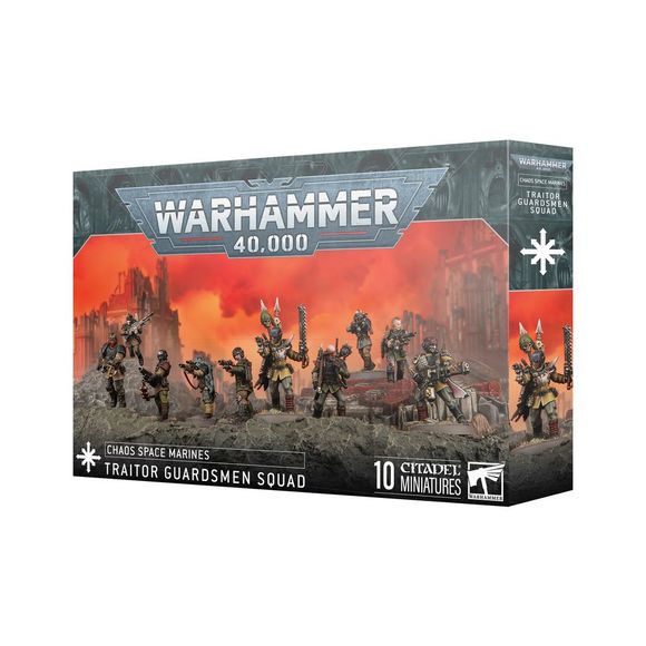 This multipart plastic kit builds 10 Traitor Guardsmen. The kit contains:
– 1x Traitor Sergeant armed with a boltgun or a corrupted pistol, and chainsword, power weapon, or close combat weapon (can alternatively be built as a Traitor Guardsman with a lasgun)
– 1x Traitor Guardsman armed with a lasgun or meltagun
– 1x Traitor Guardsman armed with a lasgun or plasma gun
– 1x Traitor Guardsman armed with a lasgun or flamer
– 1x Traitor Guardsman armed with a lasgun or Cultist sniper rifle
– 1x Traitor Guardsma
