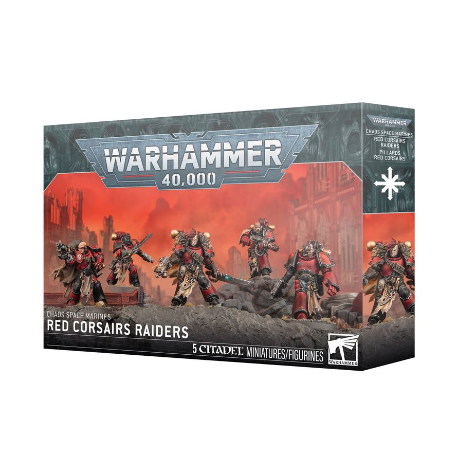 Release date 3/21/2026
This multipart plastic kit builds 5 Red Corsairs Raiders. The kit comes with these interchangeable parts:
– 5 helmeted heads
– 9 bare heads
– 6 shoulder pads with Red Corsairs iconography
– 10 shoulder pads
– 2 right-armed chainswords
– 1 right-armed chainaxe
– 3 left-armed bolt pistols
– 3 pairs of arms with boltguns
– 1 pair of arms with either a boltgun or meltagun
This kit is supplied with 1 Red Corsairs Transfer Sheet, featuring 248 high-quality waterslide transfers. These incl