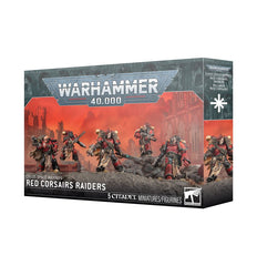 Release date 3/21/2026
This multipart plastic kit builds 5 Red Corsairs Raiders. The kit comes with these interchangeable parts:
– 5 helmeted heads
– 9 bare heads
– 6 shoulder pads with Red Corsairs iconography
– 10 shoulder pads
– 2 right-armed chainswords
– 1 right-armed chainaxe
– 3 left-armed bolt pistols
– 3 pairs of arms with boltguns
– 1 pair of arms with either a boltgun or meltagun
This kit is supplied with 1 Red Corsairs Transfer Sheet, featuring 248 high-quality waterslide transfers. These incl