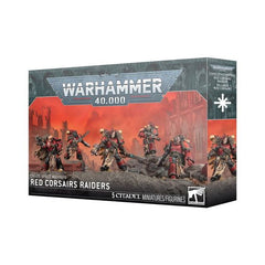 Release date 3/21/2026
This multipart plastic kit builds 5 Red Corsairs Raiders. The kit comes with these interchangeable parts:
– 5 helmeted heads
– 9 bare heads
– 6 shoulder pads with Red Corsairs iconography
– 10 shoulder pads
– 2 right-armed chainswords
– 1 right-armed chainaxe
– 3 left-armed bolt pistols
– 3 pairs of arms with boltguns
– 1 pair of arms with either a boltgun or meltagun
This kit is supplied with 1 Red Corsairs Transfer Sheet, featuring 248 high-quality waterslide transfers. These incl