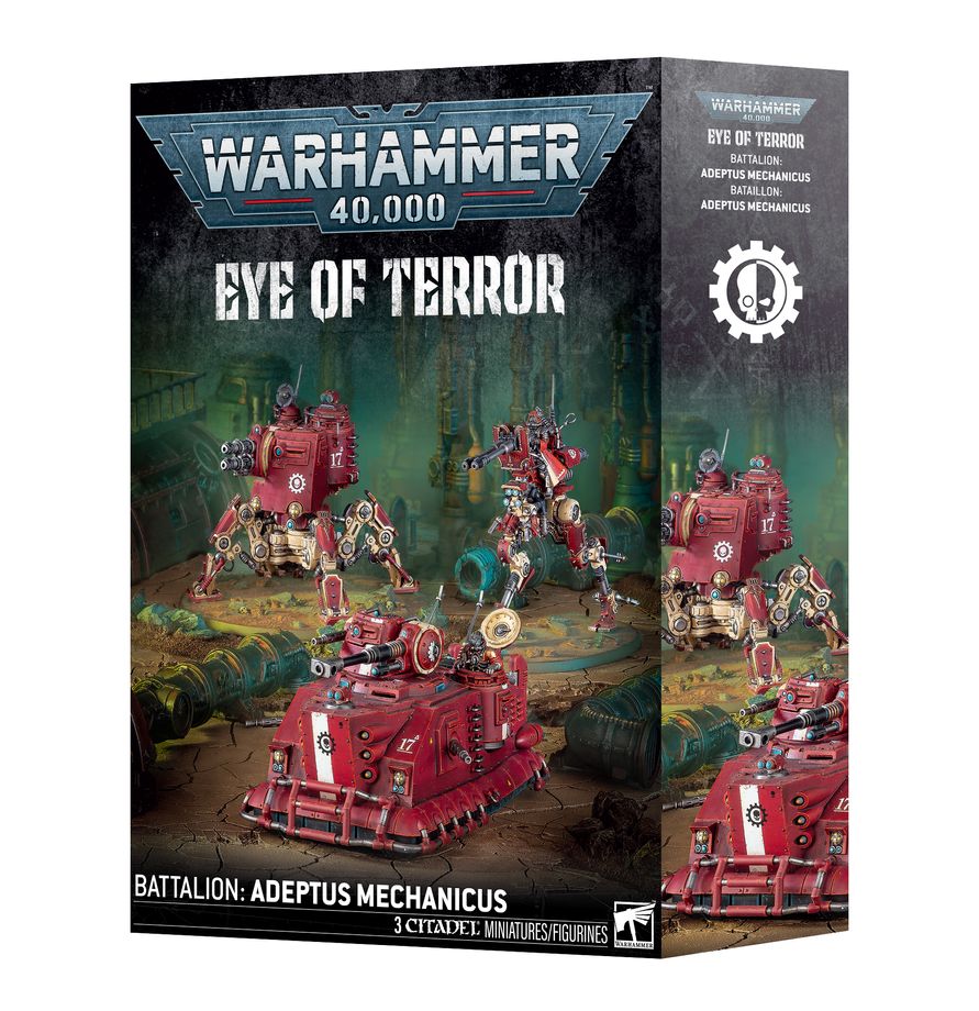 Release Date 4/18/2026
This boxed set builds 3 multipart plastic Adeptus Mechanicus miniatures:
– 1 Onager Dunecrawler
– 1 Skorpius Disintegrator (which can alternatively be built as a Skorpius Dunerider)
– 1 Ironstrider Ballistarius (which can alternatively be built as a Sydonian Dragoon)
Contents:
– 303 plastic components
– 1 Citadel 105mm by 70mm Oval Base
– 1 Citadel 130mm Round Base
– 3 Adeptus Mechanicus Transfer Sheets
– 3 construction guides
Each Adeptus Mechanicus Transfer Sheet features 320 high-