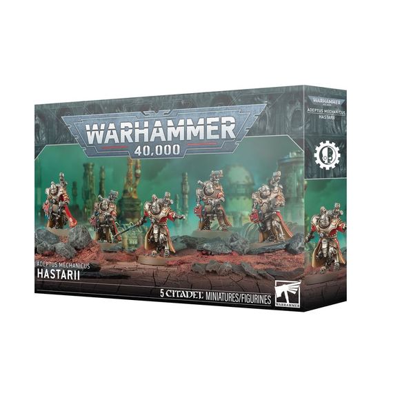 Release Date 04/18/2026
This multipart plastic kit builds 5 Hastarii. Contents:
– 73 plastic components
– 5 Citadel 32mm Round Bases
– 1 Adeptus Mechanicus Transfer Sheet
– 1 construction guide
The Adeptus Mechanicus Transfer Sheet features 320 high-quality waterslide transfers. These include Mechanicus symbols, along with warning sigils, numbers, and more to decorate your miniatures.
These miniatures require assembly and are supplied unpainted. We recommend:
– Citadel Tools: Super Fine Detail Cutters
– W