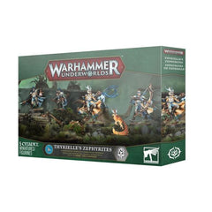 Release Date 5/30
This multipart plastic kit builds Thyrielle's Zephyrites – a complete warband for use in games of Warhammer Underworlds. It comes with fighter cards and warscroll cards for the warband.
This set contains 5 plastic miniatures:
– 1 Sirikith
– 1 Orieth
– 1 Anara
– 1 Thyrielle
– 1 Tzul
This set also includes:
– 4 double-sided fighter cards
– 7 warscroll cards (in English, French, German, Spanish, Italian, Chinese, and Japanese)
The fighter cards measure 63mm by 88mm, and the warscroll cards