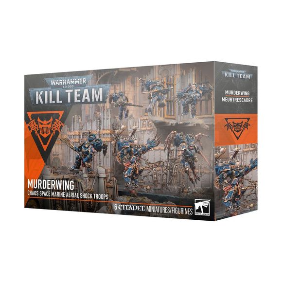 Release Date: 5/23/2026
This multipart plastic kit builds 6 Murderwing operatives. This kit builds 6 multipart plastic Chaos Space Marines miniatures:
– 1 Chaos Lord with Jump Pack
– 1 Champion (can alternatively be built as a Depredator, Raptor, or Warp Talon)
– 1 Shrieker (can alternatively be built as a Skysear, Raptor, or Warp Talon)
– 1 Curseclaw (can alternatively be built as a Skysear, Raptor, or Warp Talon)
– 1 Skysear (can alternatively be built as a Raptor or Warp Talon)
– 1 Huntmaster (can altern