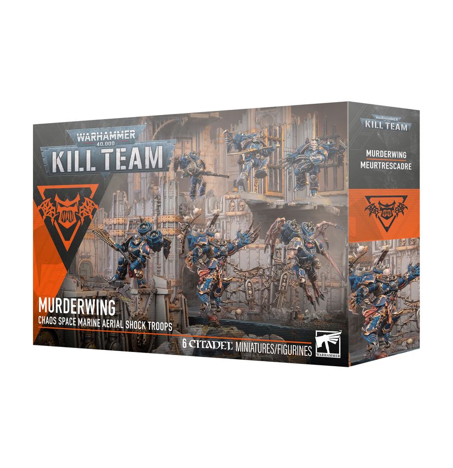 Release Date: 5/23/2026
This multipart plastic kit builds 6 Murderwing operatives. This kit builds 6 multipart plastic Chaos Space Marines miniatures:
– 1 Chaos Lord with Jump Pack
– 1 Champion (can alternatively be built as a Depredator, Raptor, or Warp Talon)
– 1 Shrieker (can alternatively be built as a Skysear, Raptor, or Warp Talon)
– 1 Curseclaw (can alternatively be built as a Skysear, Raptor, or Warp Talon)
– 1 Skysear (can alternatively be built as a Raptor or Warp Talon)
– 1 Huntmaster (can altern