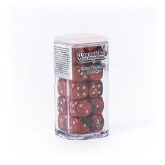 Release Date 9/12/2026
This is a set of 20 six-sided dice with rounded edges for use in games of Warhammer: The Horus Heresy, themed around the Legio Custodes. They are cast in pearlised red acrylic plastic with gold ink markings and measure 16mm along each edge. The 1-5 facings are traditionally pipped, and each '6' face is decorated with the aquila icon of the Talons of the Emperor.