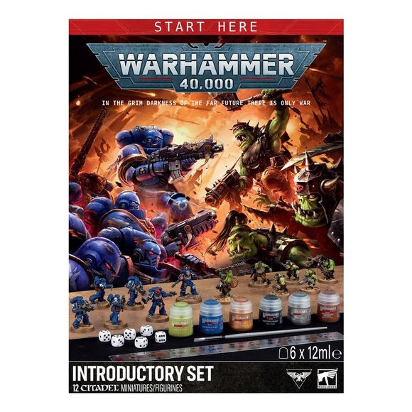 Release Date 7/25/2026
This box includes 12 multipart plastic push-fit miniatures:
– 1 Lieutenant
– 5 Intercessors
– 1 Ork Nob
– 5 Ork Boyz
This set contains the following accessories and Warhammer Colour paint pots:
– 1 softcover 48-page handbook
– 1 double-sided playing mat
– 3 sheets of punch-out card terrain
– 1 Warhammer Colour Starter Brush
– 1 transparent plastic range ruler
– 6 white D6 dice with black pips
– 1 Abaddon Black (Base)
– 1 Macragge Blue (Base)
– 1 Mournfang Brown (Base)
– 1 Leadbelcher