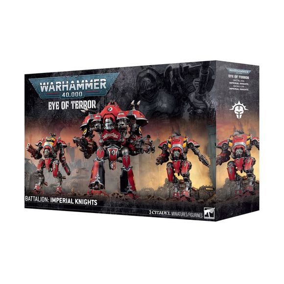 Release Date 4/18/2026
This boxed set builds 3 multipart plastic Imperial Knights miniatures:
– 1 Knight Valiant (which can alternatively be built as a Knight Castellan)
– 2 Armiger Warglaives (which can alternatively be built as Armiger Helverins)
Contents:
– 320 plastic components
– 1 Citadel 170mm by 109mm Oval Base
– 2 Citadel 100mm Round Bases
– 1 Imperial Knights Transfer Sheet
– 1 Imperial Knights Armiger Transfer Sheet
– 2 construction guides
The Imperial Knights Transfer Sheet features 583 high-qu